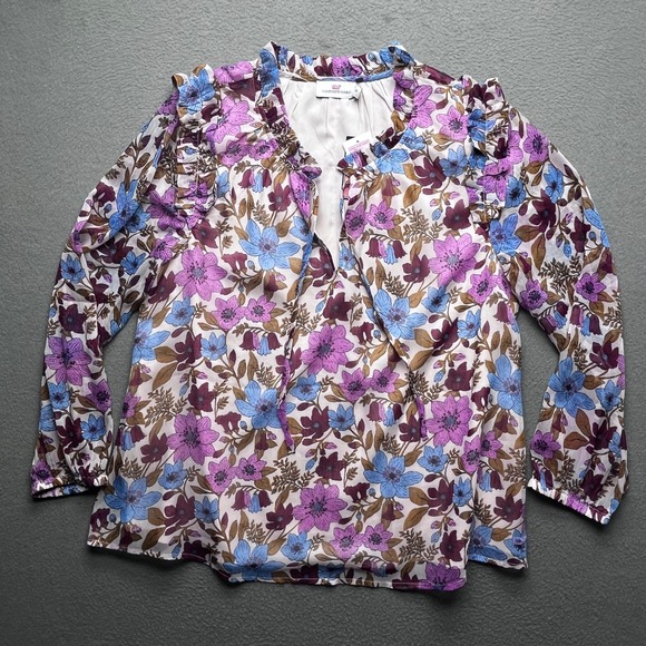 Vineyard Vines Tops - Vineyard Vines Women Blouse Floral Polyester M Ruffle Shoulder Boho Preppy